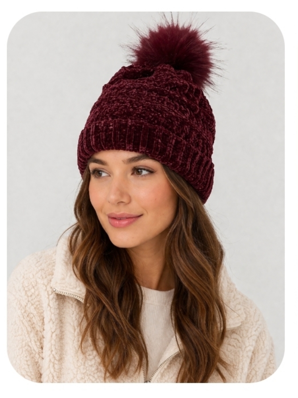 Burgundy Pom Pom Beanie Hat Chunky Knit Slouchy Winter Cap One Size